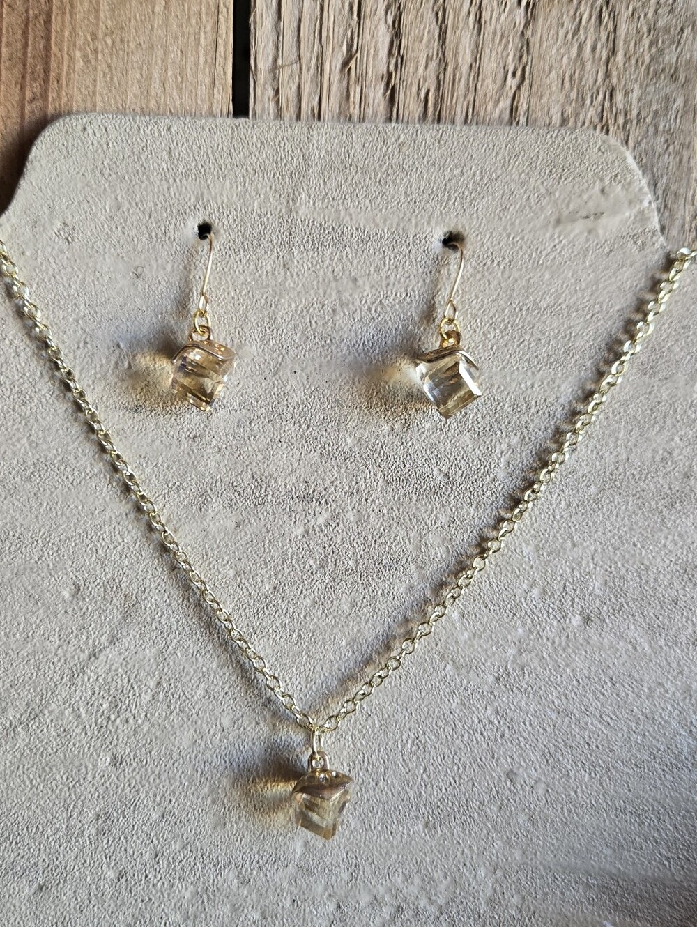 Champagne Crystal Cube Necklace & Earrings Set | Gold Tone